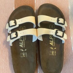 NWOT Birkenstock "ALPRO" Cream and Brown Two-Strap Sandals, Size 37.
